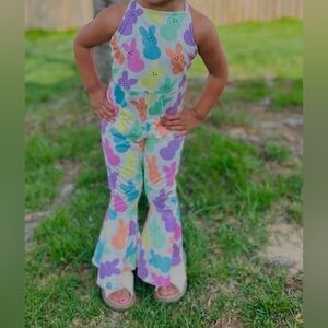 🎀5/$15 Colorful Peeps Print Kids Bell Bottom romper